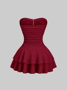 Sweetra Women's Elegant Strapless Double Layer Tiered Mini Dress - Red - View 2