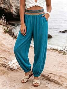 Ceyna Plus Size Women's Autumn New Long Pants, Cuffed Hem, Textured Knit Fabric, Waistband Patchwork, Thin Harem Pants, Loose Fit, Beach Dusty Blue Boho - Teal Blue - View 5