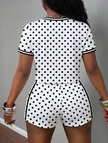 Slaydiva Setelan 2 Potong Kaos dan Celana Pendek Motif Polkadot Kasual Musim Panas untuk Wanita - MultiWarna - View 2