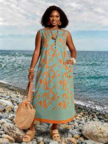 BrightlyHer Plus Size Geometric Print Pocket Round Neck Casual Vacation Dress - Multicolor - View 1