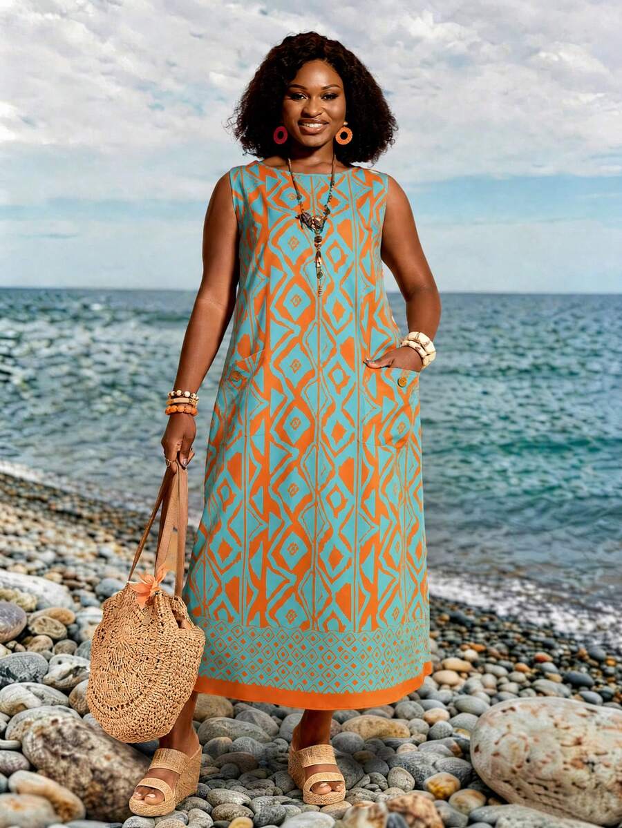 BrightlyHer Plus Size Geometric Print Pocket Round Neck Casual Vacation Dress - Multicolor - View 1
