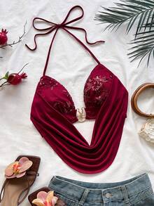 Soleia Women's Burgundy Red Sequin Spaghetti Strap Cowl Neck Starfish Buckle Cropped Camisole Tank Top Beach Vacation Night Club Out Party Summer Sexy - Burgundy - View 1