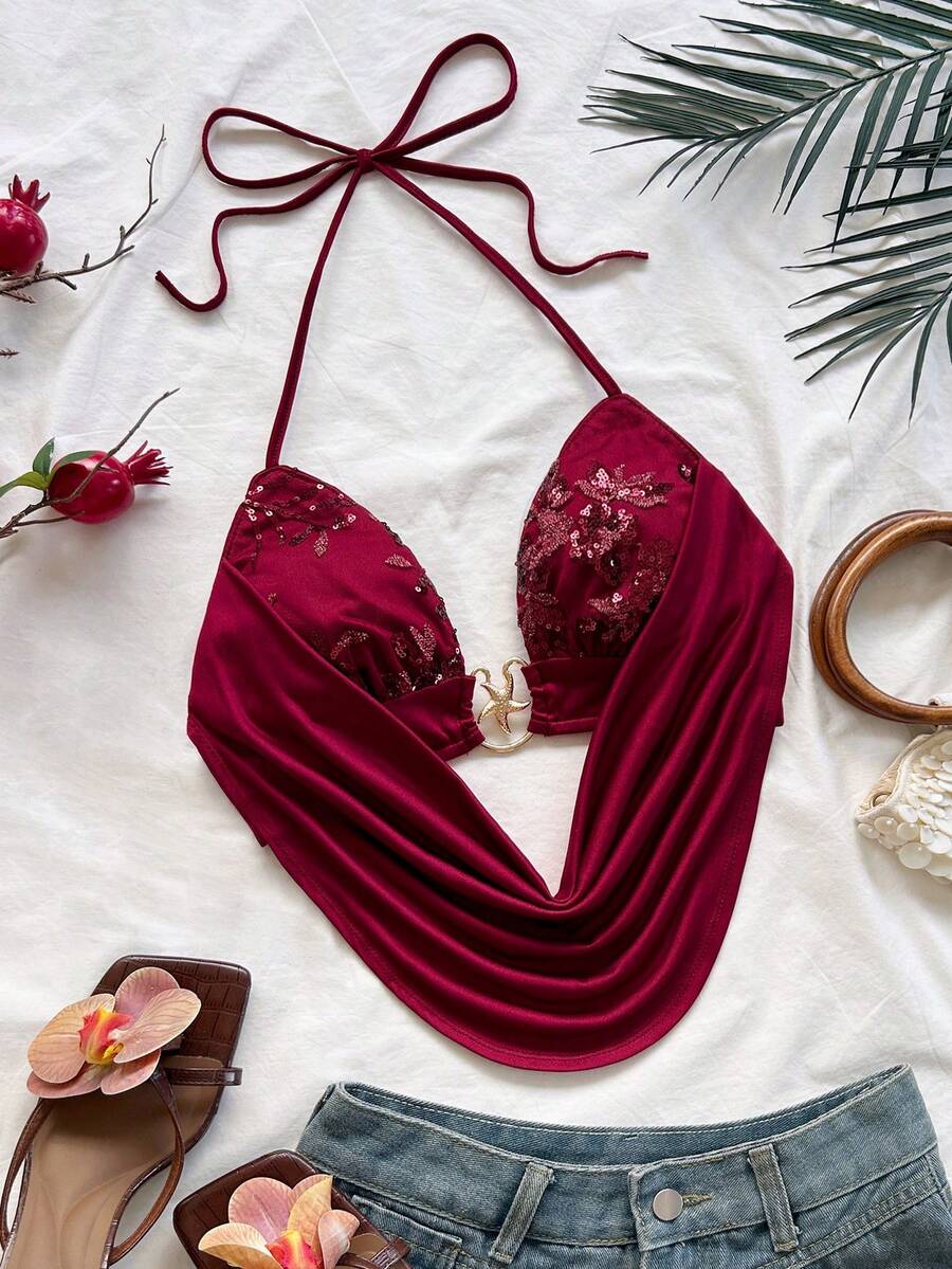 Soleia Women's Burgundy Red Sequin Spaghetti Strap Cowl Neck Starfish Buckle Cropped Camisole Tank Top Beach Vacation Night Club Out Party Summer Sexy - Burgundy - View 1