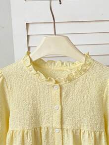 SHEIN Tween女孩休閒日常百搭舒適寬鬆荷葉領襯衫 - 黃色 - 查看 3