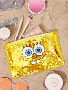 SpongeBob SquarePants | SHEIN 1個卡通角色印花亮片裝飾輕量PVC化妝包，適合存放化妝品、文具、日常用品、數位產品，完美適用於通勤、上學、旅行，適合所有年齡層，學生友善，海綿 - 無色 - 查看 2