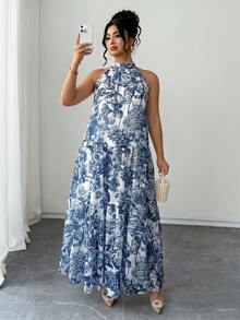 Elenzga 大尺碼花卉夏季長洋裝，掛脖分層飄逸海灘婚禮賓客婚前派對洋裝，大尺碼波希米亞花卉掛脖長洋裝，女款無袖分層飄逸夏季海灘度假長洋裝，大尺碼花卉掛脖長洋裝，無袖分層飄逸波希米亞長洋裝，大尺碼女款夏季度假穿搭 - 淺藍色 - 查看 4