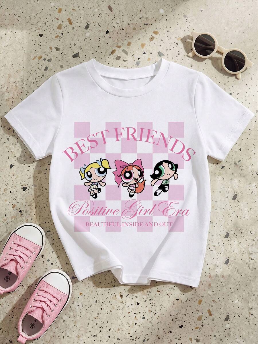 THE POWERPUFF GIRLS X SHEIN GraphicGems 女童休闲可爱卡通印花圆领短袖T恤 - 彩色 - 查看 1