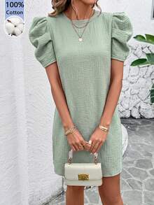 SHEIN Clasi 女士纯色圆领短花瓣袖休闲迷你连衣裙 - 綠色 - 查看 7