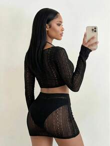Sirith 2pcs/Set Women's Solid Color Sexy Hollow Out Fitted Mesh Cover-Up - Black - View 2