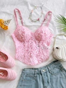 Soleia Women Floral Pattern Casual Versatile Daily Wear Camisole Top - Pink - View 4