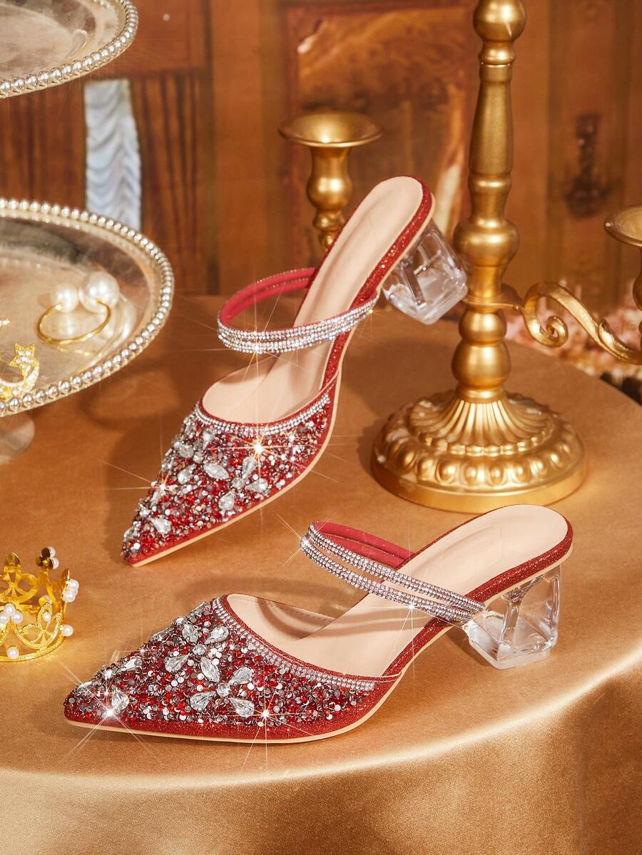 CUCCOO TILAWA Ladies' Fashionable And Elegant Crystal And Rhinestone Pointed Laser Lace Rose Red High-Heeled Shoes, Suitable For Banquets, Parties And Other Occasio - Rose Red - View 1