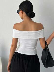 DAZY Women's Solid Color Off-Shoulder Pleated Fitted Versatile Daily Outing Top - White - View 6