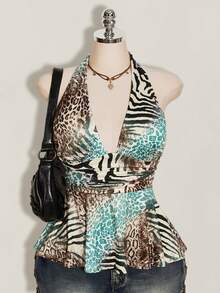 SHEIN ICON 大尺碼女款復古性感個性時尚前衛都市現代千禧風Y2K豹紋印花腰部抓皺深V掛脖寬下擺修身上衣 - 彩色 - 查看 3
