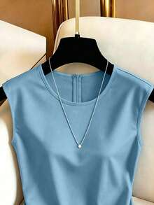 SHEIN Franclia 女款圓領蕾絲拼接休閒百搭日常襯衫 - 藍色 - 查看 4