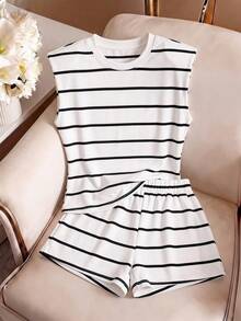 SHEIN 2pcs Tween Girls' Fashionable Striped Round Neck Short Sleeve Top And Shorts Set, Suitable For Outdoor, Playing, And Casual Outings In Summer - Multicolor - View 2