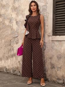 Ellevyn Brown Polka Dot Vintage Polka Dot Print Ruffle Hem Jumpsuit - Mocha Brown - View 4