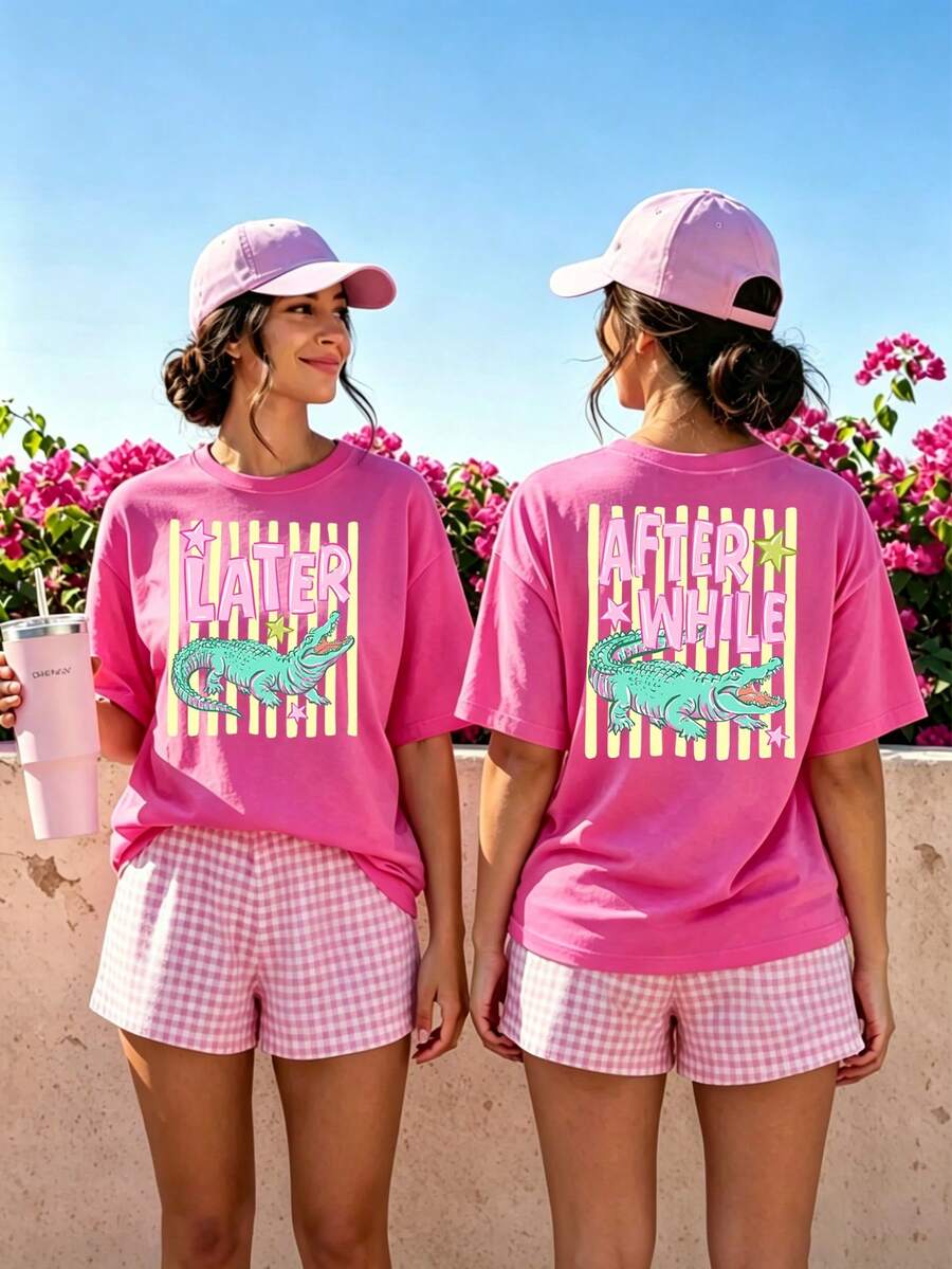 DrmWander 大尺碼 After While 鱷魚圖案 T-shirt,年終教師上衣,夏季海灘襯衫,最後上學日 - 玫紅色 - 查看 1