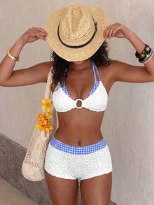 Swim Vcay Soft Cream Yellow 3D Floral Halter Bikini Top With Blue Plaid Waist Slimming Shorts Swimsuit - White - View 6