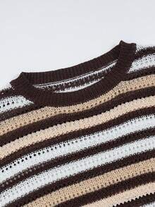SHEIN Women's Basic Minimalist Casual Boho Fashion Vacation Brown Striped Colorblock Short Sleeve Knit Top Vacation Autumn - Brown - View 6