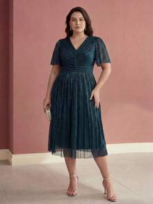 MOTF PREMIUM PLUS SIZE ELEGANT PLEATED DESIGN MID-LENGTH ELASTIC DRESS, SUMMER - Teal Blue - View 6