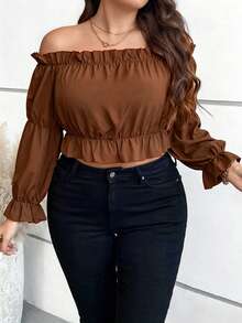 Vionelle Blusa corta con volantes y mangas con hombros descubiertos. Top peplum. - Café integral - Ver 4