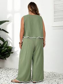 SHEIN CURVE+ Plus Size Women's Round Neck Sleeveless Shirt And Pants Casual Boho Formal 2 Pieces Set Vacation Sage Green Summer Beach Brunch - Green - View 2