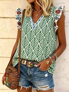 EMERY ROSE Women's All-Over Print V-Neck Summer Ruffle Casual Blouse - Multicolor - View 3