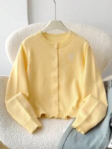 SHEIN 女童寬鬆休閒簡約舒適圓領開襟純色淡黃色柔軟刺繡蝴蝶結圖案針織開襟衫 秋冬套裝 - 黃色 - 查看 3