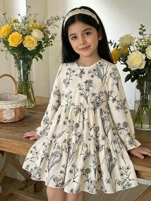 LMoss Kids 小女孩花卉圓領泡泡袖修身休閒分層A字裙，秋冬新款，母女姊妹套裝，返校季花卉長袖派對洋裝 - 彩色 - 查看 5