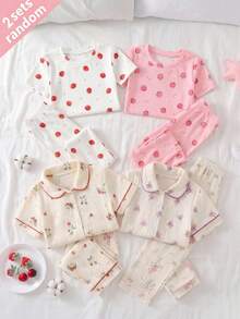 SHEIN Piyama Musim Panas Anak Perempuan Lucu Motif Kartun Stroberi, Kerah Bulat Berkerut, Lengan Pendek, Bahan Rajut, Nyaman dan Ramah Kulit, 4 Potong Pas Badan - Berwarna merah muda - View 7
