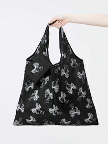 ROMWE Kawaii Fashion All-Over Bow Pattern Storage Bag, Large Capacity Portable Foldable Shopping Tote Bag With Coin Purse - Black and White - View 2