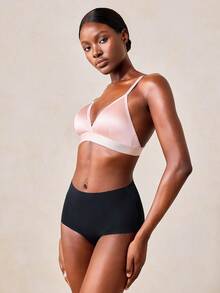 Veilyse 3pcs Women's Summer French Triangle Cup Silk Wireless Bra, Removable Pads, Adjustable Straps, Solid Color Deep V Everyday Underwear - Multicolor - View 5