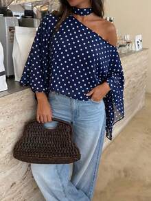 Avenya Polka Dot Asymmetrical Shoulder Chiffon Cape Top - Multicolor - View 4