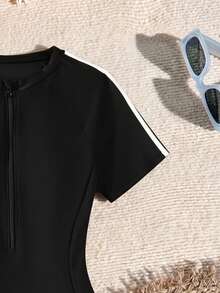 SHEIN 少女黑色冲浪泳衣针织套头衫，休闲日常海滩装，适合海洋运动、度假、拍照，也适合夏威夷度假和夏季穿着。 - 黑色 - 查看 6