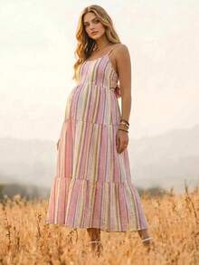 Boho Mama 孕婦度假休閒條紋細肩帶洋裝 - 彩色 - 查看 4