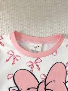 SHEIN 女童休閒簡約修身卡通圖案舒適圓領短袖長褲睡衣套裝，適合春夏，貼身版型，1件裝 - 粉色 - 查看 4