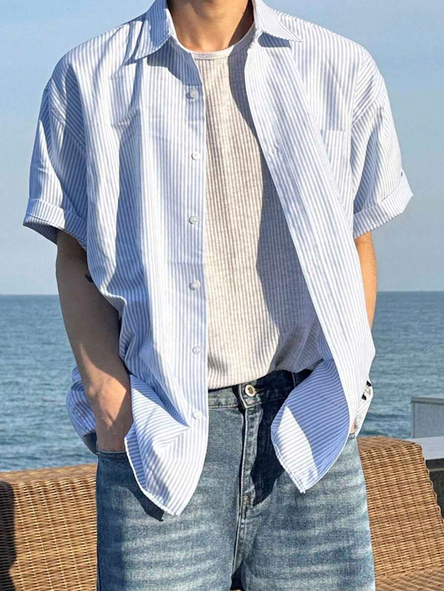 DAZY 短袖藍色條紋襯衫搭配男士條紋通勤襯衫 - 藍色 - 查看 1