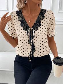 SHEIN Clasi 女款夏季休閒圓點印花蕾絲飾邊襯衫 - 彩色 - 查看 6