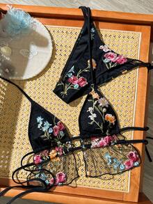 Bonvoyette New Spring Summer Multi-Color Embroidered Floral Print Spaghetti Strap Backless Side Tie High Cut Fashionable European And American Beach Vacation Cruise Party Tank Top Bikini Swimsuit Set For Women - Multicolor - View 2