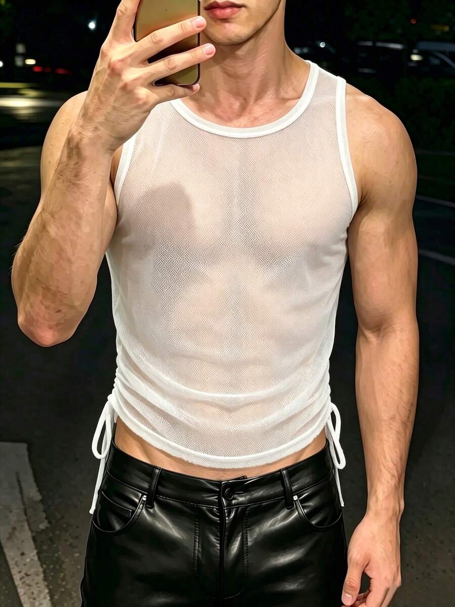Manfinity Dauomo 348# Men's Side Drawstring Tank Top # Jianrun Textile 100D Ribbed Slub - RS-140G-248# Pure White - White - View 1