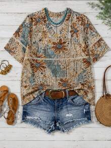 Linhara Plus Size Women's Beige Boho Summer Vacation Retro Floral V-Neck Short Sleeve Blouse,Vintage Printed Ruffle Trim Flare Sleeve Design,Daily Commute - Multicolor - View 3