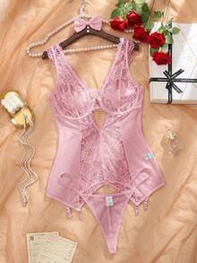 SHEIN 2pcs Plus Size Sexy Lace Contrast Mesh Lingerie Set - Pink - View 4