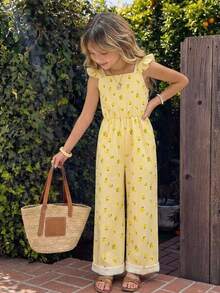 SHEIN 1 st flickjumpsuit för stora tween-tjejer, vintage casual, slim fit, unikt körsbärsmönster med heltryck, lämplig för utomhusaktiviteter på sommaren och skolbruk - Gul - Visa 4