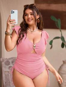 Swim Chiccia 女款大尺碼一件式黑色泳衣，夏季度假性感一件式泳裝 - 粉色 - 查看 5