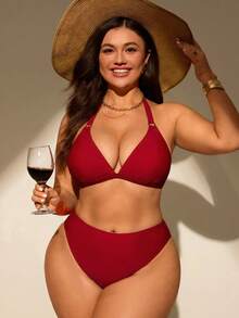 SHEIN Swim Curve 休閒度假大尺碼女款泳衣套裝 - 紅色 - 查看 3