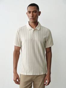 MENRIVO 男式前扣短袖条纹休闲 Polo 衫 - 咖啡棕 - 查看 1