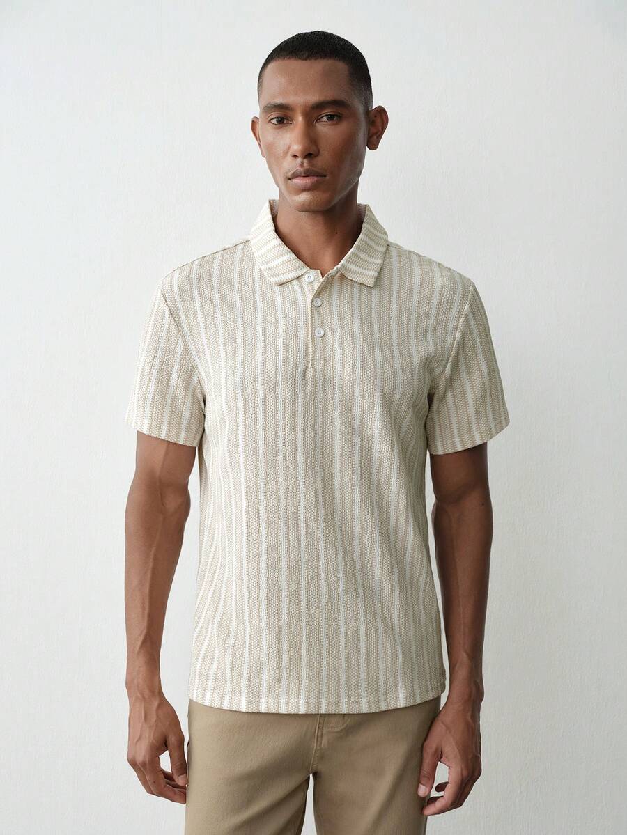 MENRIVO 男式前扣短袖条纹休闲 Polo 衫 - 咖啡棕 - 查看 1