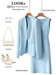 Franclia Plus Size Women's Spring/Autumn Elegant Set Elegant High-End Blazer Round Neck Beaded Sleeveless Dress 2 Pieces Set Wedding Brunch Light Blue Fall - Baby Blue - View 1