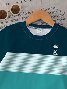 Young Boy Summer Casual Set, Crown K Logo Design, Colorblock Patchwork Short Sleeve T-Shirt + Shorts 2pcs Set, Cool Little Boy Must-Have, - Multicolor - View 7
