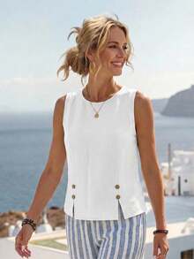 SHEIN Women's Versatile Solid Color Button Design Sleeveless Shirt, Summer Vacation - White - View 5